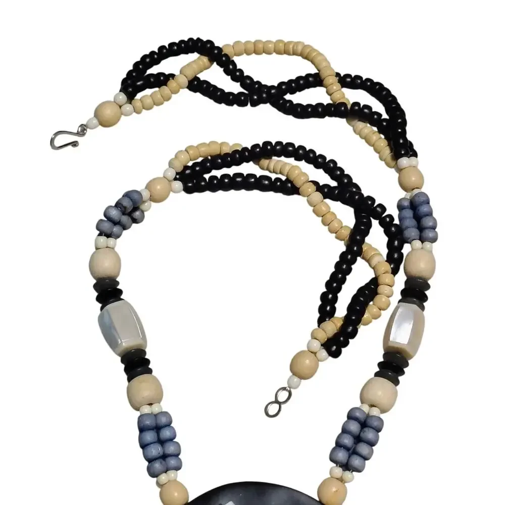 Vintage Blue Beige Mother of Pearl Pendant on Beaded Statement Necklace